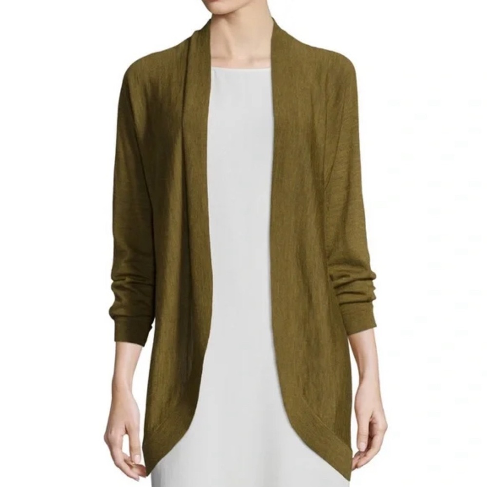 Eileen Fisher Royal Alpaca Open Front Cardigan Sweater In Yellow Green Sz Large